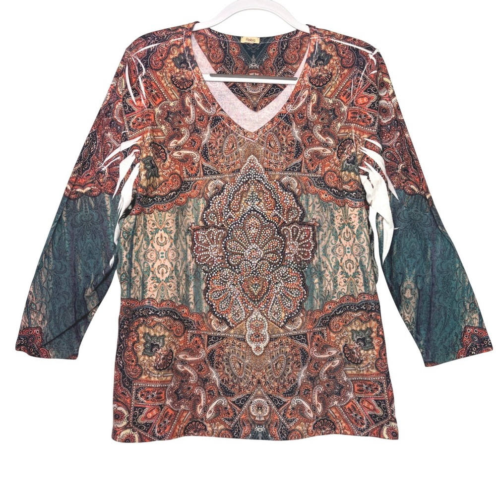 Reba Paisley Medallion Embellished Top Large Multicolor 3/4 Sleeve V-Neck Boho